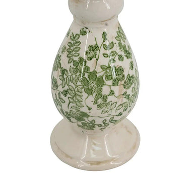 A&B White Ceramic Candle Holder with Green Floral Pattern Small 4.5"D x 10" - Candle Holders Merchandise