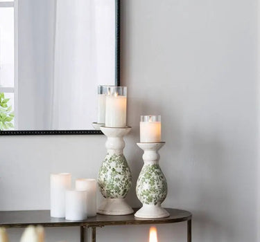 A&B White Ceramic Candle Holder with Green Floral Pattern Small 4.5"D x 10" - Candle Holders Merchandise
