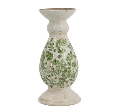 A&B White Ceramic Candle Holder with Green Floral Pattern Small 4.5"D x 10" - Candle Holders Merchandise