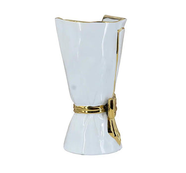 A&B White-Gold Ceramic Bow Vase 6" x 12 - Vases Merchandise