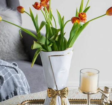 A&B White-Gold Ceramic Bow Vase 6" x 12 - Vases Merchandise