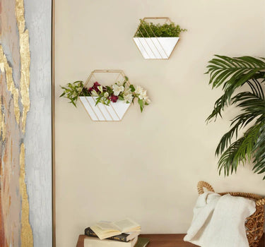 Deco Marché White Metal Geometric Hanging Planter Large 10" - Planters Merchandise