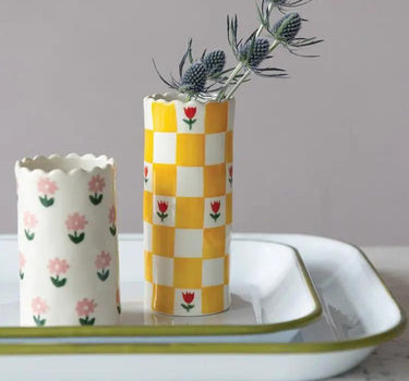 Hazel Mazel Yellow Checker Floral Vase 2.5"D x 5.75"H - Vases Merchandise