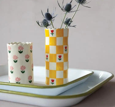Hazel Mazel Yellow Checker Floral Vase 2.5"D x 5.75"H - Vases Merchandise